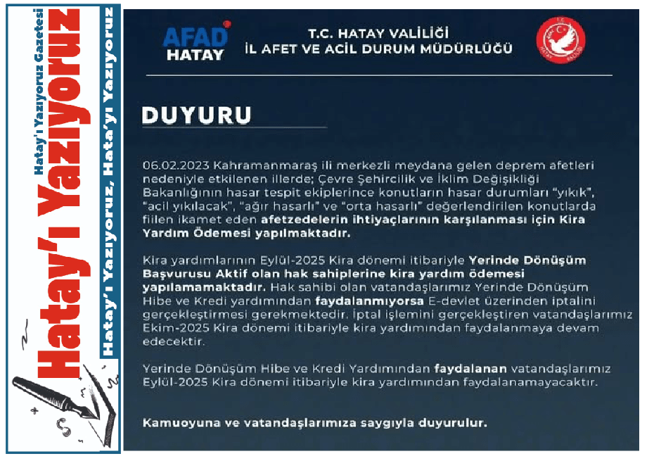 HATAY VALİLİĞİNDEN KİRA YARDIMI DUYURUSU